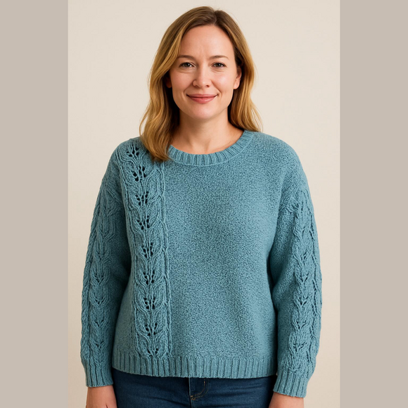 Sweaters - Cotton Hand Made Crew Neck Long Sleeves Teal Cable Knit Sweater size Medium